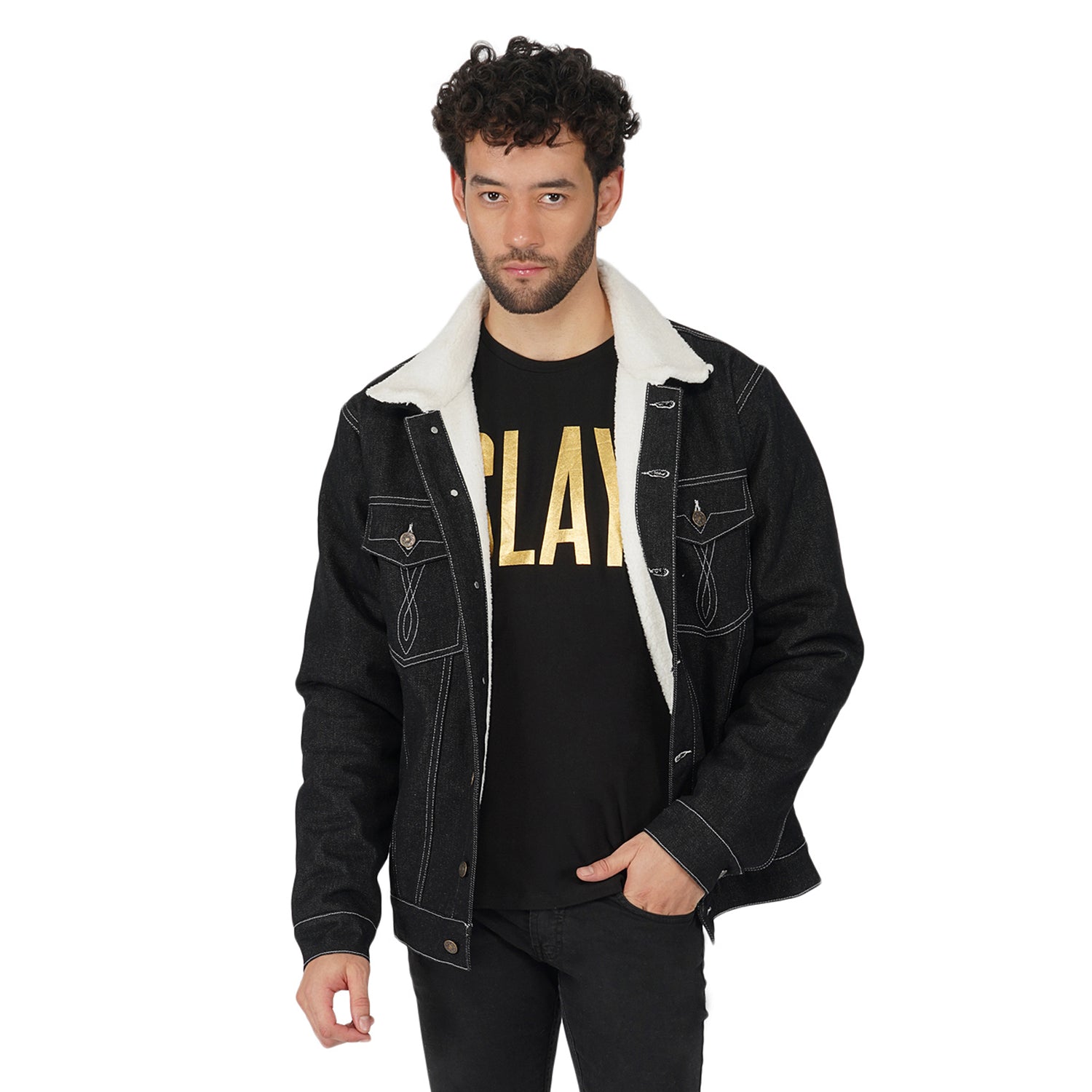 SLAY. Men's Full Sleeves Black Solid Embroidered Button-Down Black Denim Jacket with Faux-fur Lining-clothing-to-slay.myshopify.com-Jacket