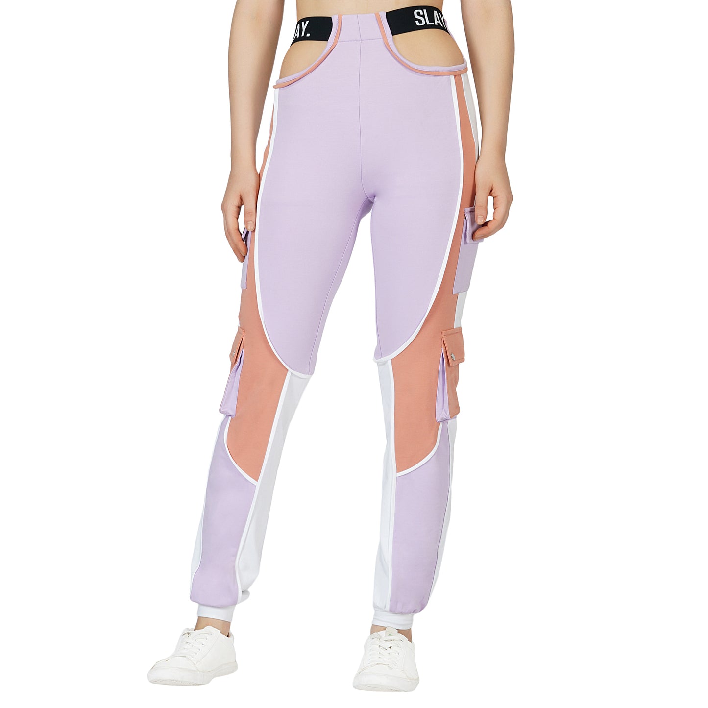 SLAY. Women's Activewear Tracksuit Lilac/Lavender Colorblock Crop Jacket &  High Waist Cargo Pants Co-ord Set Streetwear