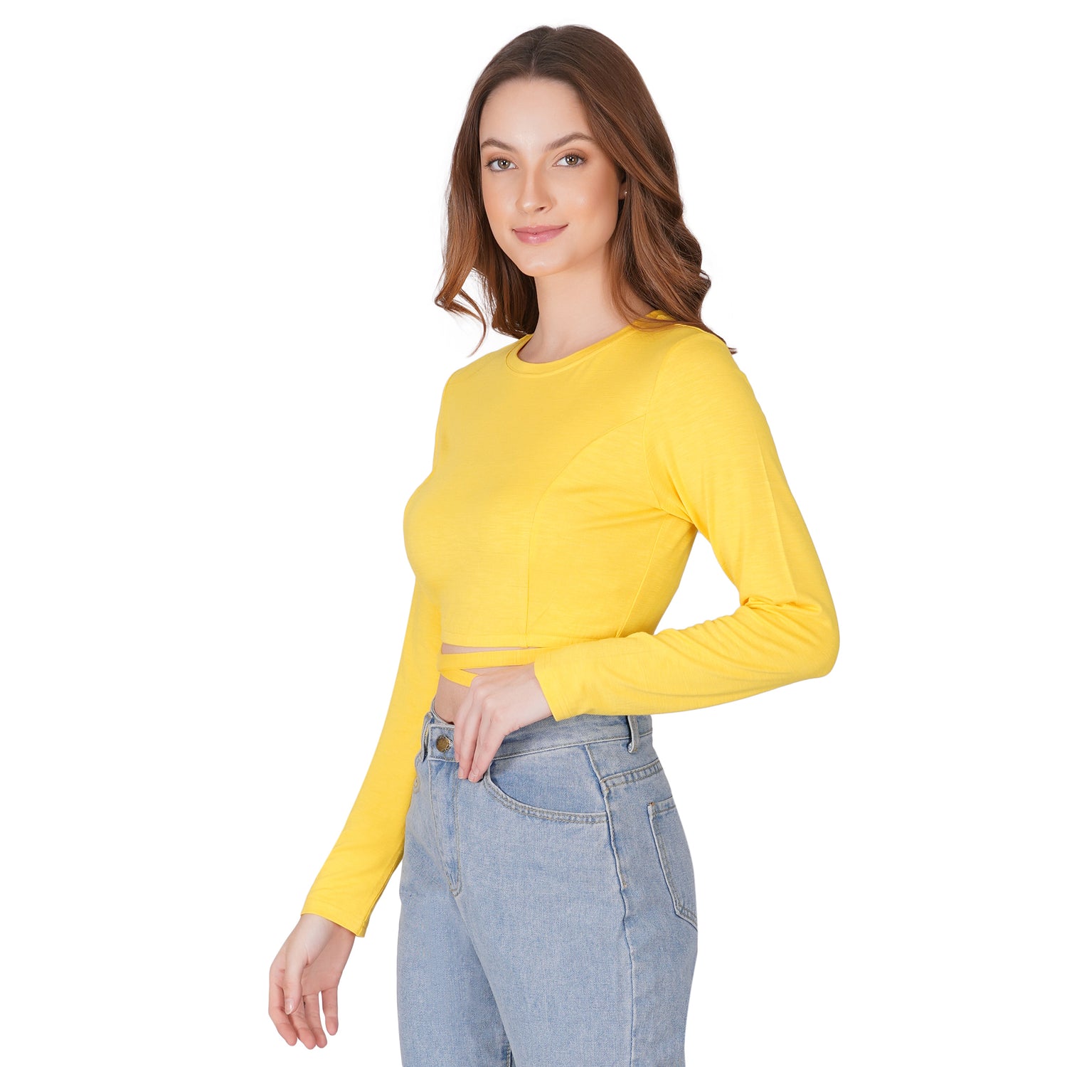 SLAY. Women's Yellow Full Sleeves Crop Top with Back Wrap around Strings-clothing-to-slay.myshopify.com-Crop Top