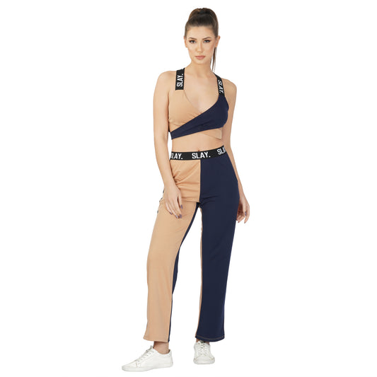 SLAY. Sport Women's Beige & Blue Colorblock Bikini Crop Top & Pants Co-ord Set