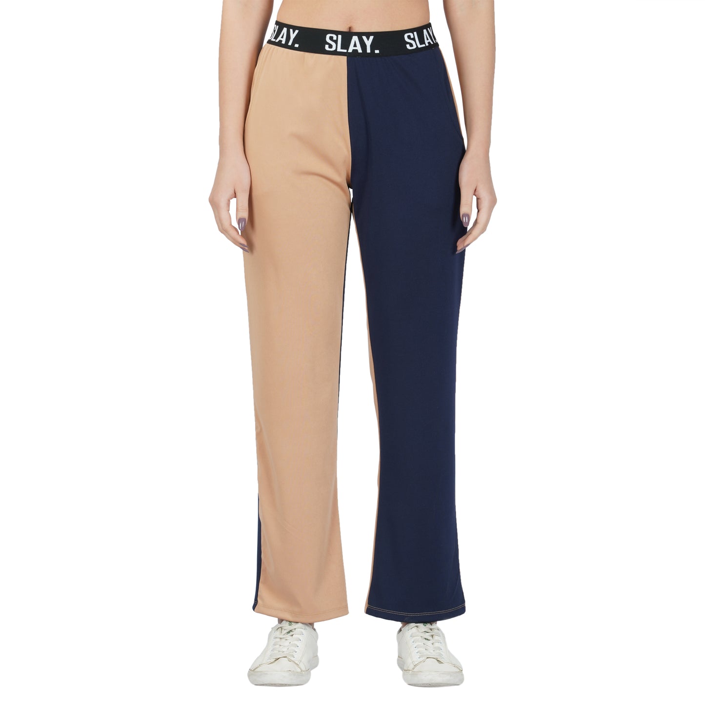 SLAY. Sport Women's Beige & Blue Colorblock Bikini Crop Top & Pants Co-ord Set