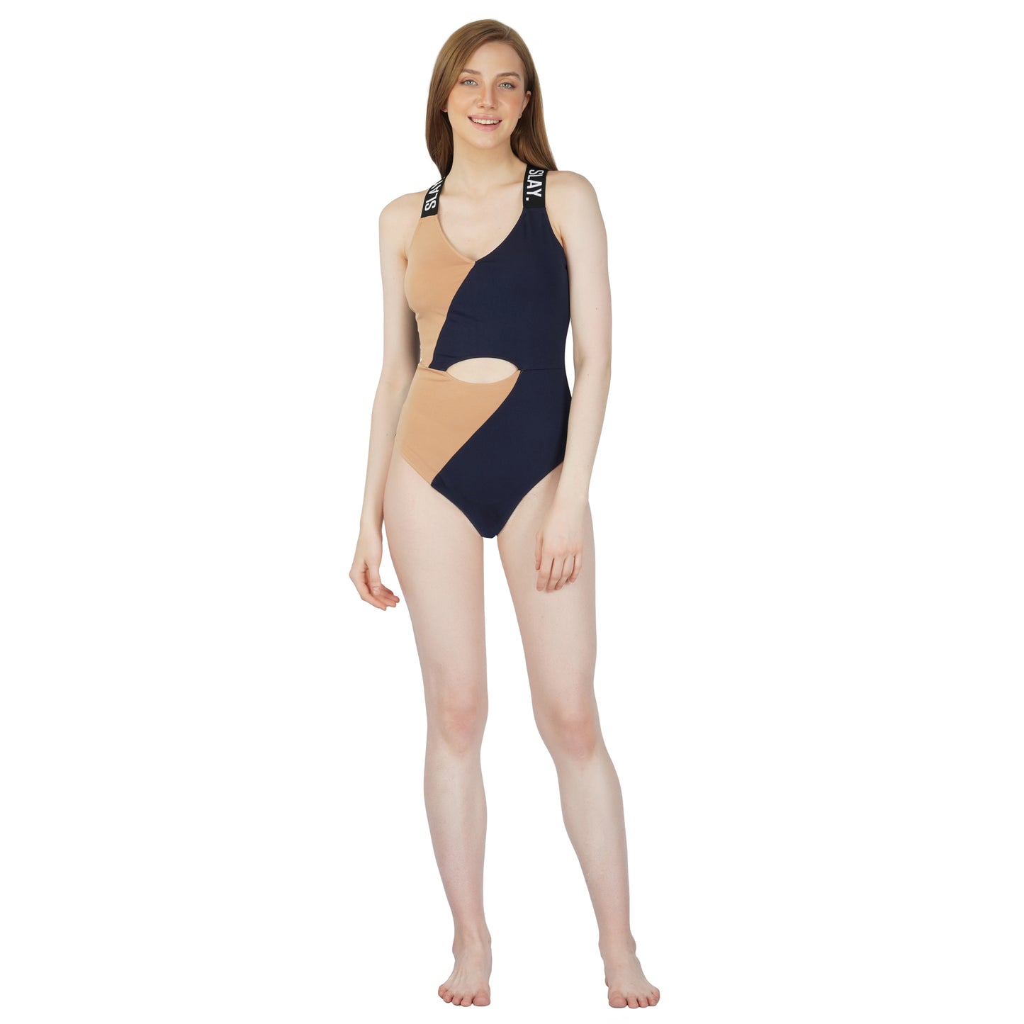 SLAY. Sport Women's Beige & Blue Colorblock Swimsuit