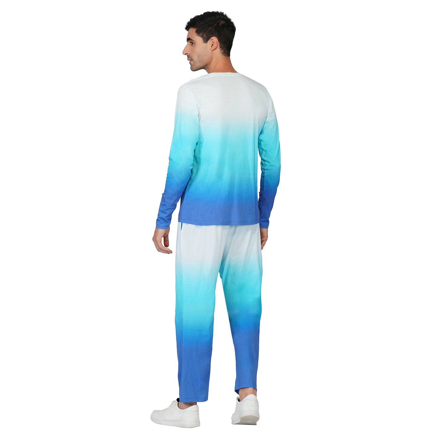 SLAY. Men's White to Blue Ombre Full Sleeves T Shirt & Pants Co-ord Set