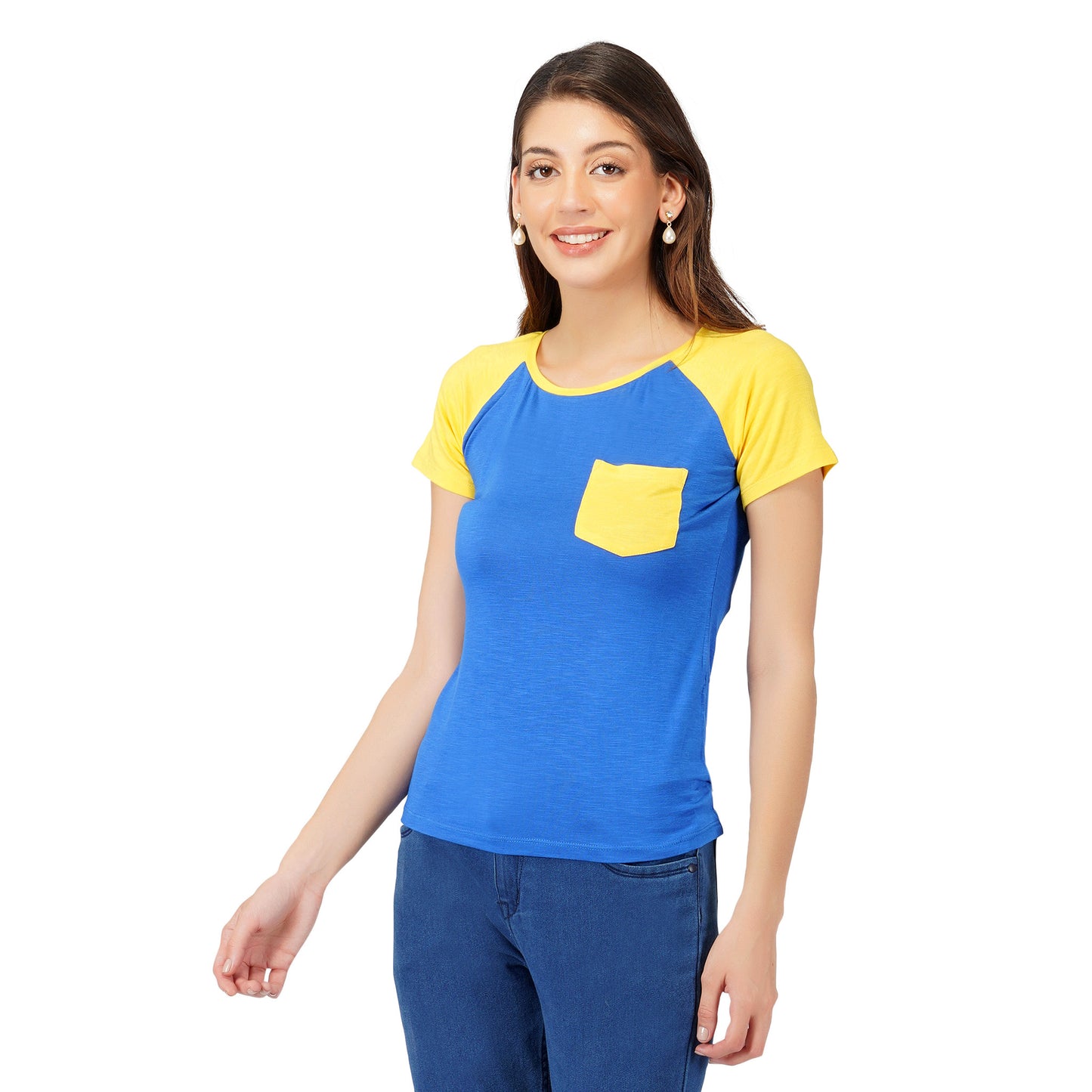 SLAY. Women's Blue Yellow Colorblock T Shirt