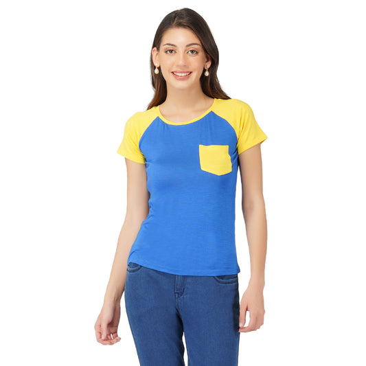 SLAY. Women's Blue Yellow Colorblock T Shirt