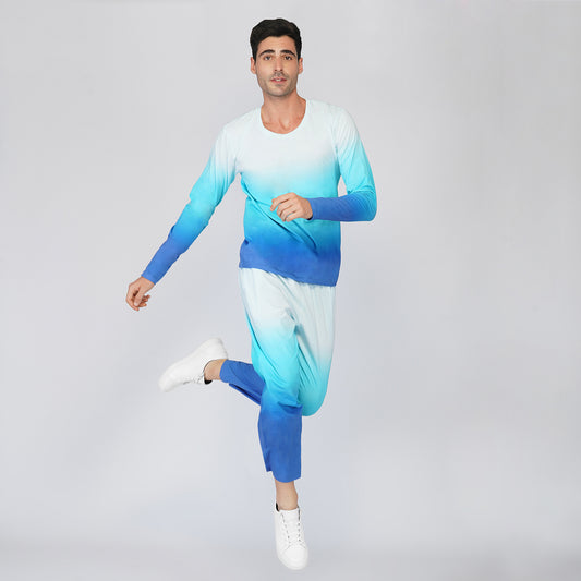 SLAY. Men's White to Blue Ombre Full Sleeves T Shirt & Pants Co-ord Set