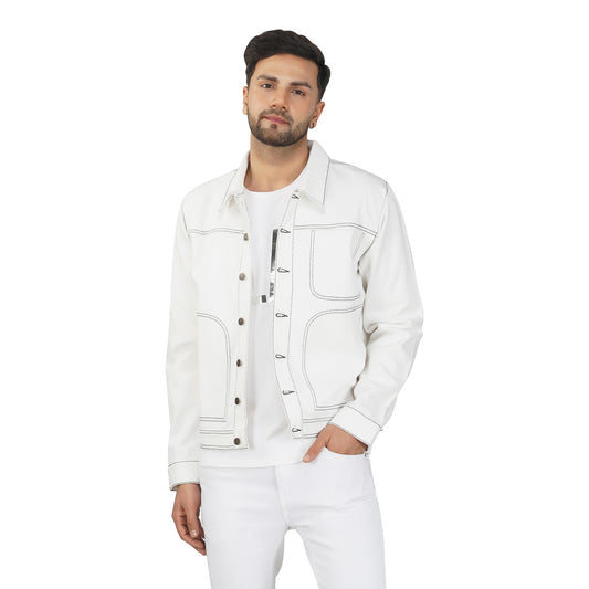 SLAY. Men's Off White Contrast Stitch Denim Cotton Biker Jacket For Men