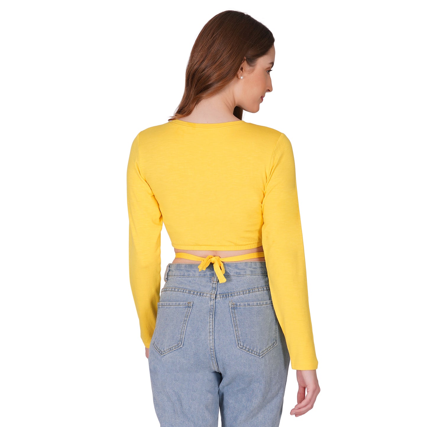 SLAY. Women's Yellow Full Sleeves Crop Top with Back Wrap around Strings-clothing-to-slay.myshopify.com-Crop Top