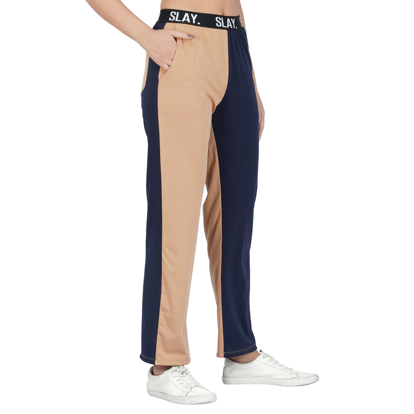 SLAY. Sport Women's Beige & Blue Colorblock Bikini Crop Top & Pants Co-ord Set
