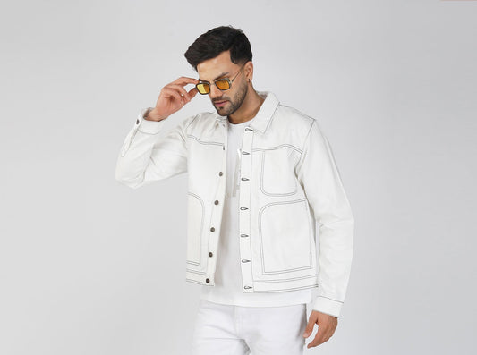 SLAY. Men's Off White Contrast Stitch Denim Cotton Biker Jacket For Men