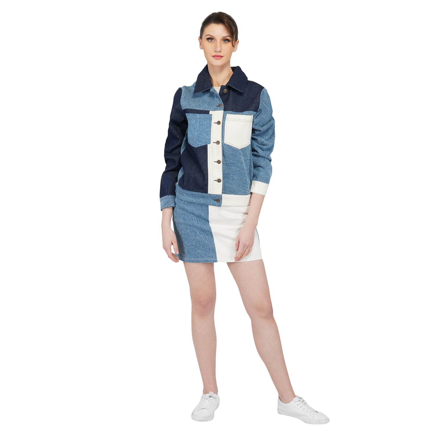 SLAY. Women's Blue & White Colorblock Denim Jacket & Skirt Coord Set-clothing-to-slay.myshopify.com-Outerwear