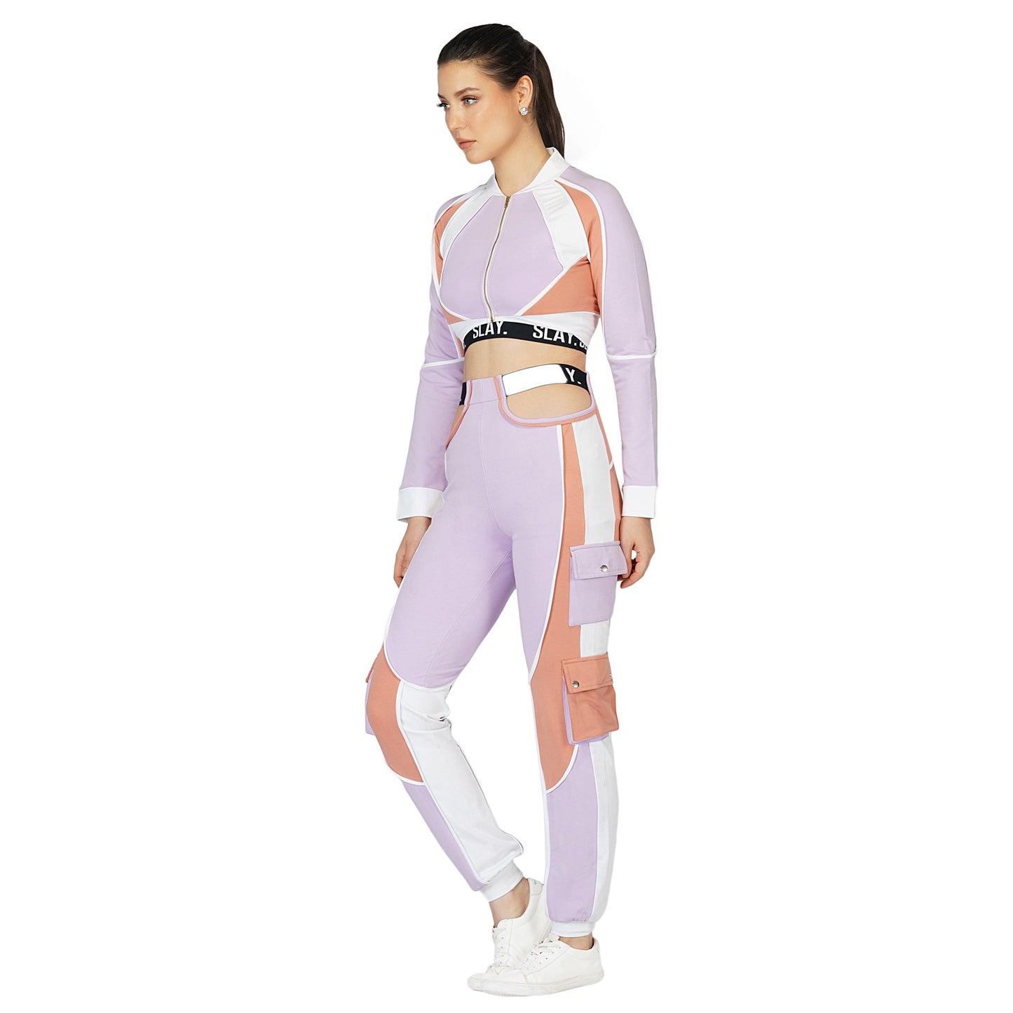 SLAY. Women's Crop Jacket Lavender Lilac Nude White Colorblock - Activewear Streetwear