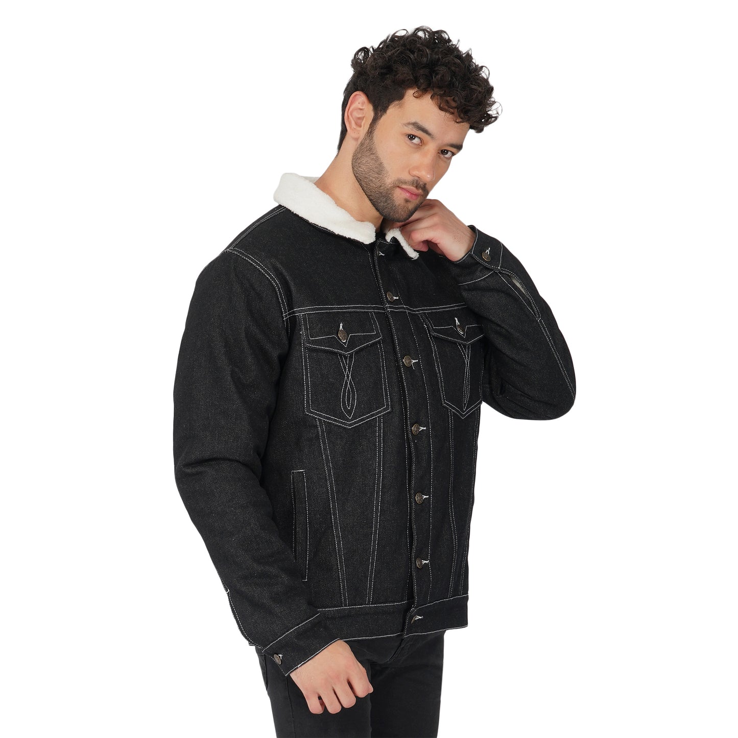 SLAY. Men's Full Sleeves Black Solid Embroidered Button-Down Black Denim Jacket with Faux-fur Lining-clothing-to-slay.myshopify.com-Jacket