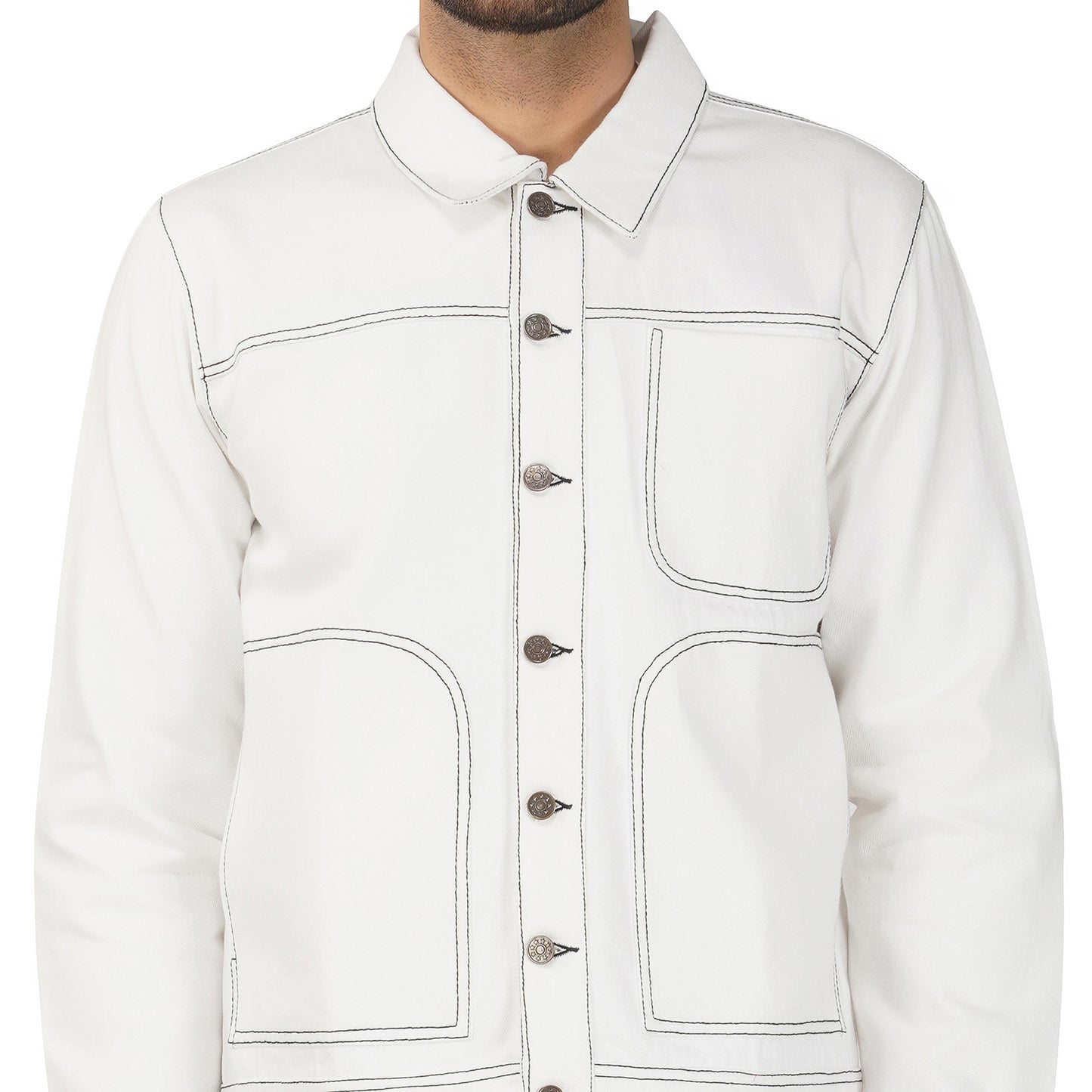 SLAY. Men's Off White Contrast Stitch Denim Cotton Biker Jacket For Men