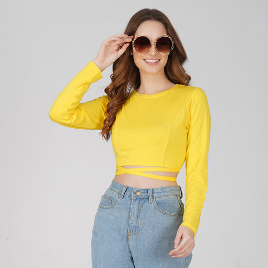 SLAY. Women's Yellow Full Sleeves Crop Top with Back Wrap around Strings-clothing-to-slay.myshopify.com-Crop Top