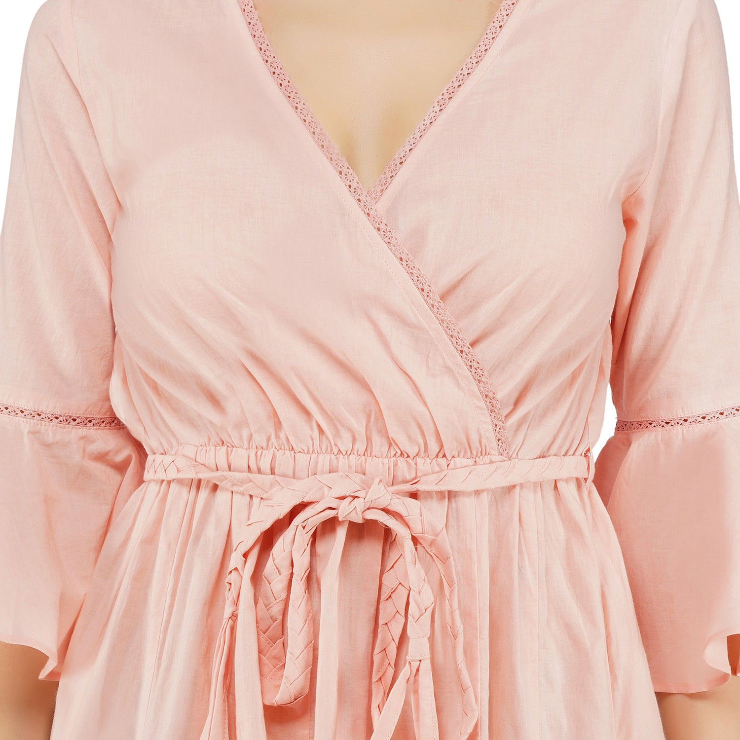 SLAY. Women's Light Pink V Neck Bell Sleeve Mini Dress with Waist Belt-clothing-to-slay.myshopify.com-Dress
