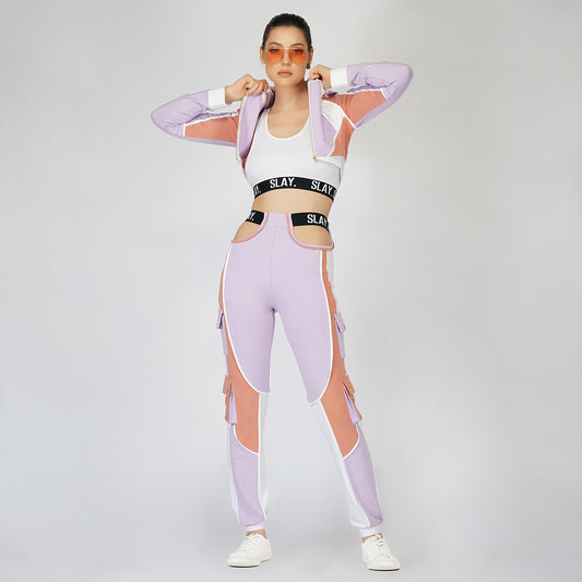 SLAY. Women's Activewear Tracksuit Lilac/Lavender Colorblock Crop Jacket & High Waist Cargo Pants Co-ord Set(3 piece)