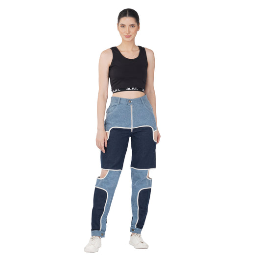 SLAY. Women's Side Cutout Blue & White Colorblock Denim Jeans
