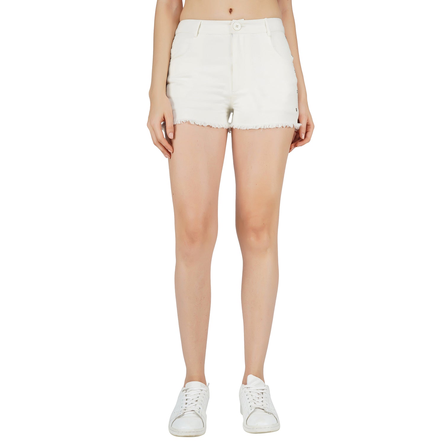 SLAY. Women's White Denim Ripped Straight Leg Shorts with Silver Side Hoops-clothing-to-slay.myshopify.com-Shorts