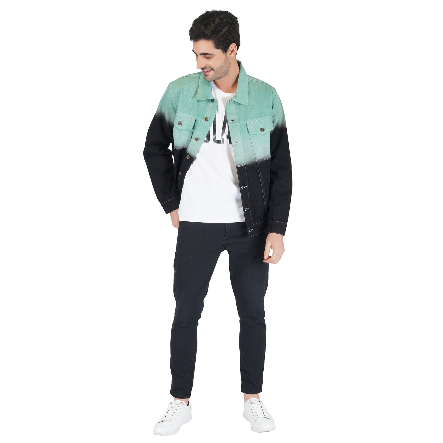 SLAY. Men's Green & Black Ombre Effect Button-Down Ripped Denim Jacket
