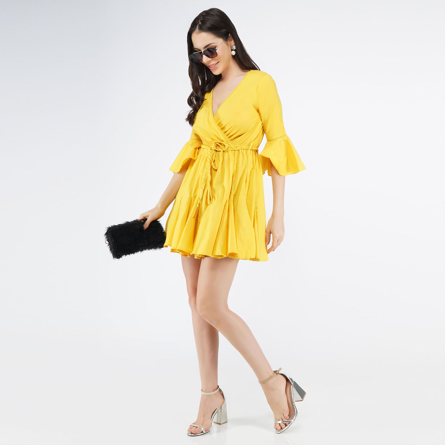 SLAY. Women's Sunflower Yellow V Neck Bell Sleeve Mini Dress with Waist Belt-clothing-to-slay.myshopify.com-Dress