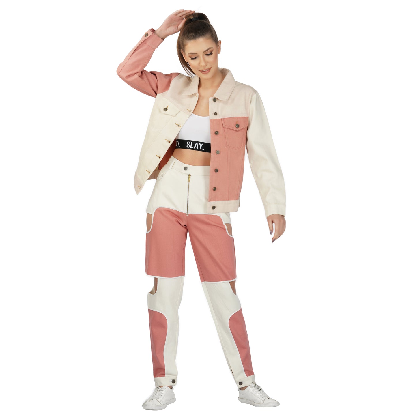 SLAY. Women's Pink & White Colorblock Denim Jacket & Jeans Co-ord Set