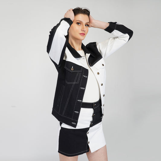 SLAY. Women's Black & White Colorblock Denim Jacket & Skirt Coord Set-clothing-to-slay.myshopify.com-Outerwear