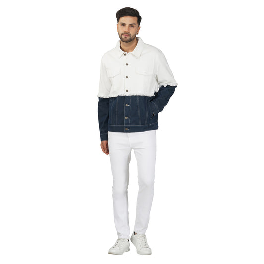 SLAY. Men's White & Blue Patched Colorblock Denim Cotton Biker Jacket For Men