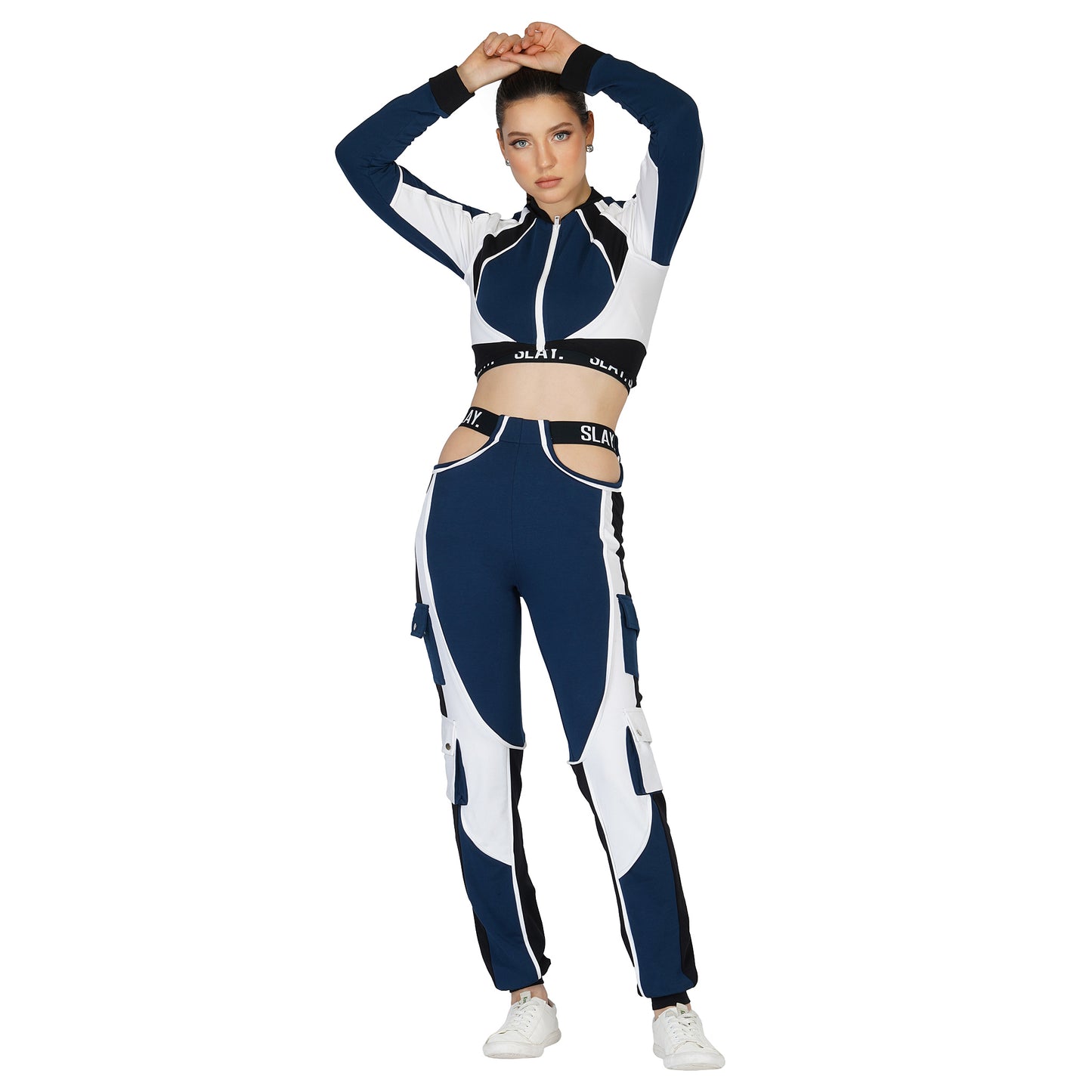 SLAY. Women's Activewear Tracksuit Blue Colorblock Crop Jacket & High Waist  Cargo Pants Co-ord Set Streetwear