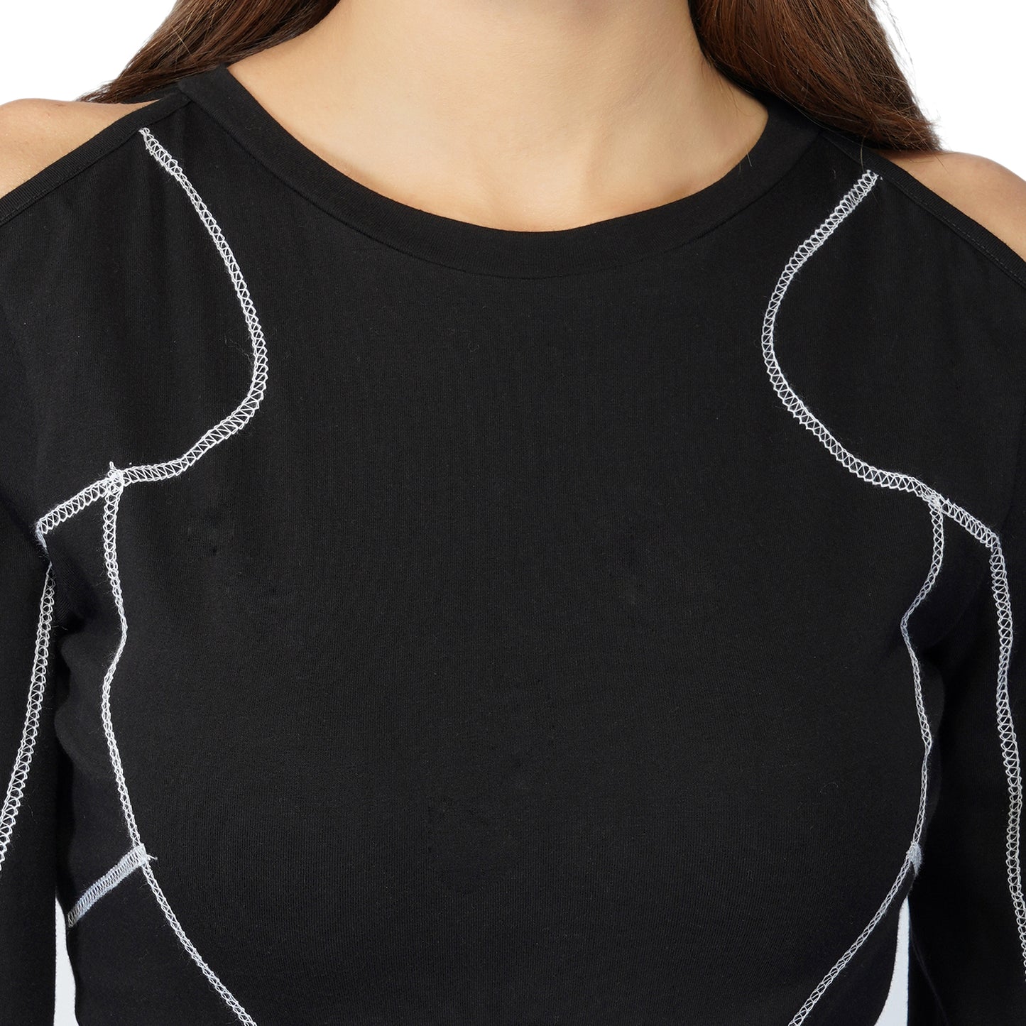 SLAY. Women's Gothic Dark Panelled Full Sleeves Off Shoulder Midriff Crop top