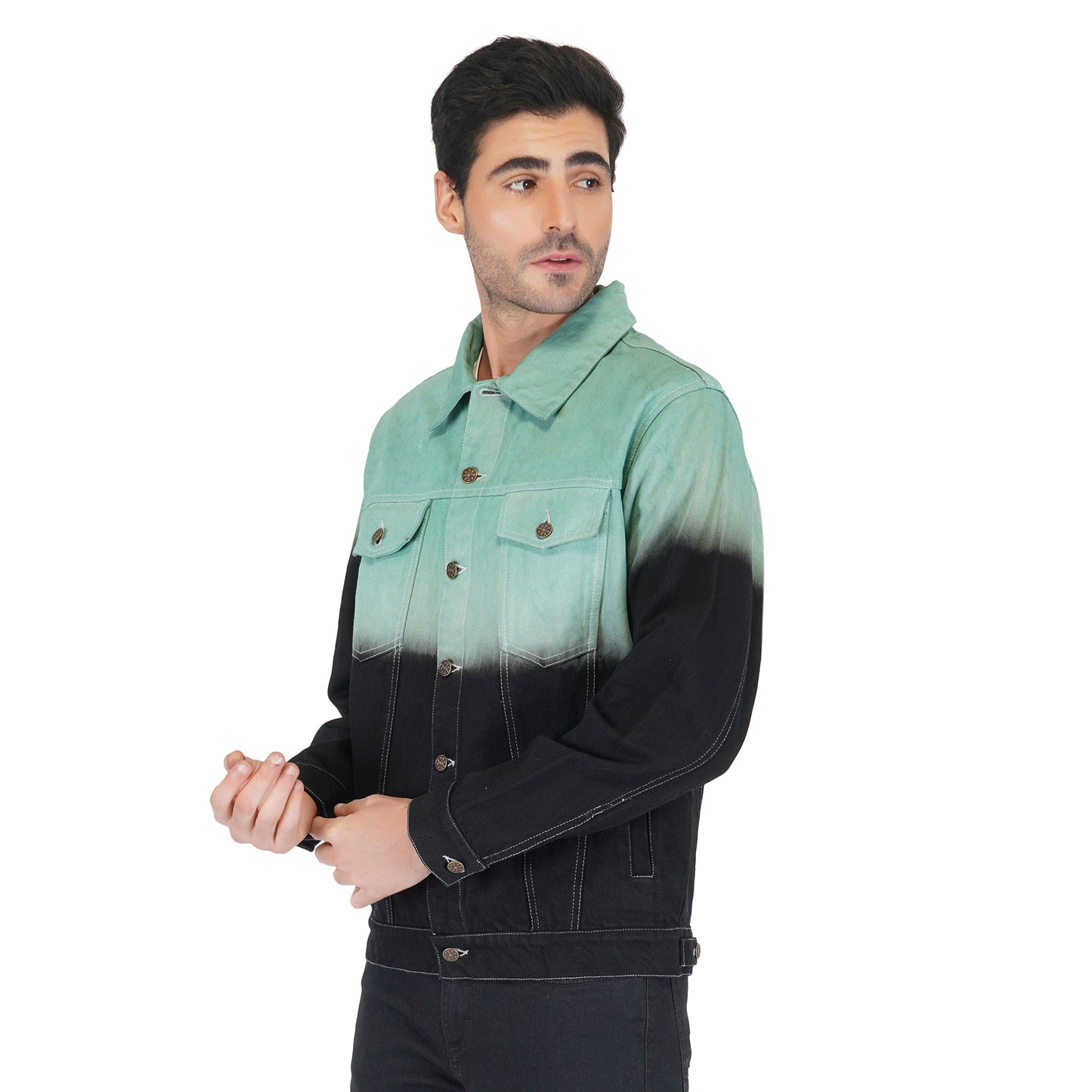 SLAY. Men's Green & Black Ombre Effect Button-Down Ripped Denim Jacket