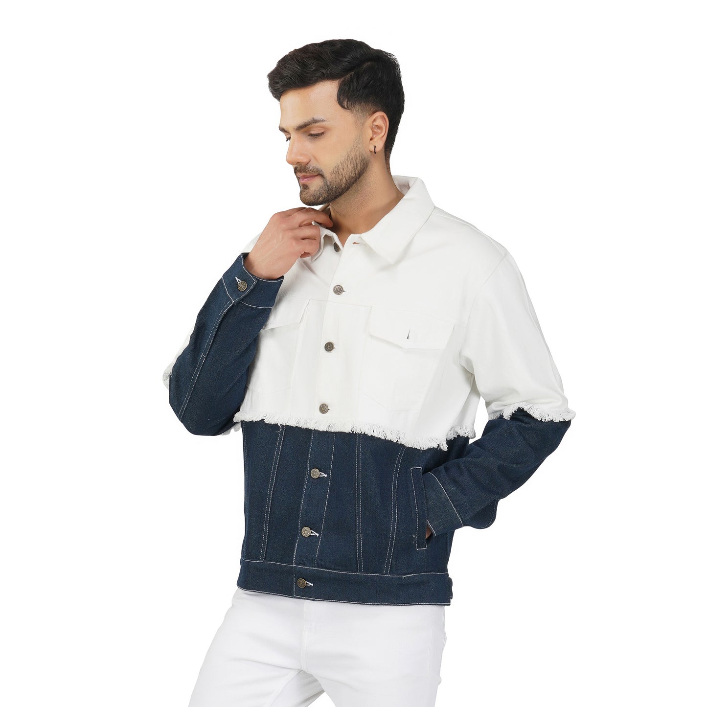 SLAY. Men's White & Blue Patched Colorblock Denim Cotton Biker Jacket For Men