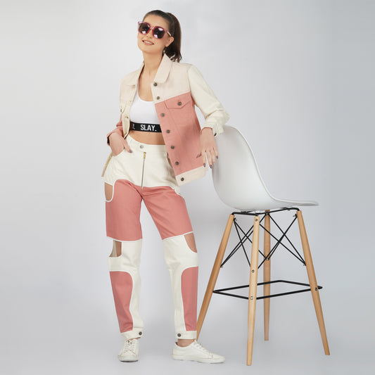 SLAY. Women's Pink & White Colorblock Denim Jacket Crop Top & Jeans Co-ord Set(3 Piece)