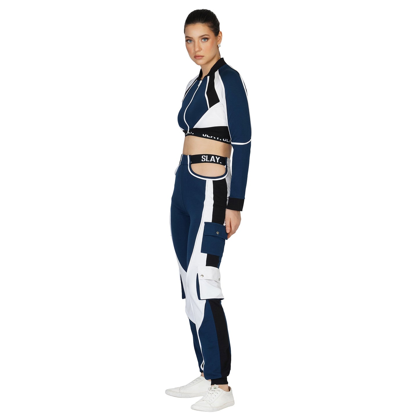 SLAY. Women's Navy Blue Activewear High Waist Blue Colorblock Cargo Jogger Pants