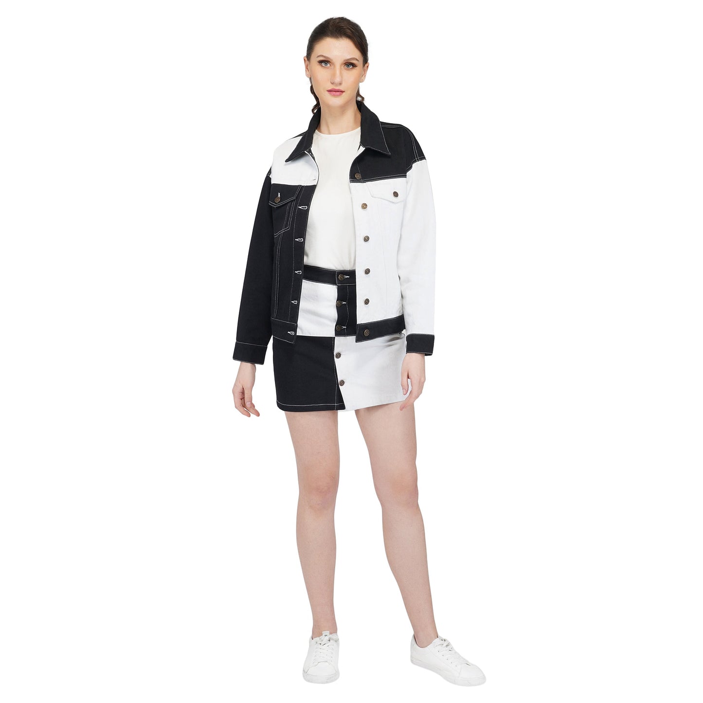 SLAY. Women's Black & White Colorblock Denim Jacket & Skirt Coord Set-clothing-to-slay.myshopify.com-Outerwear