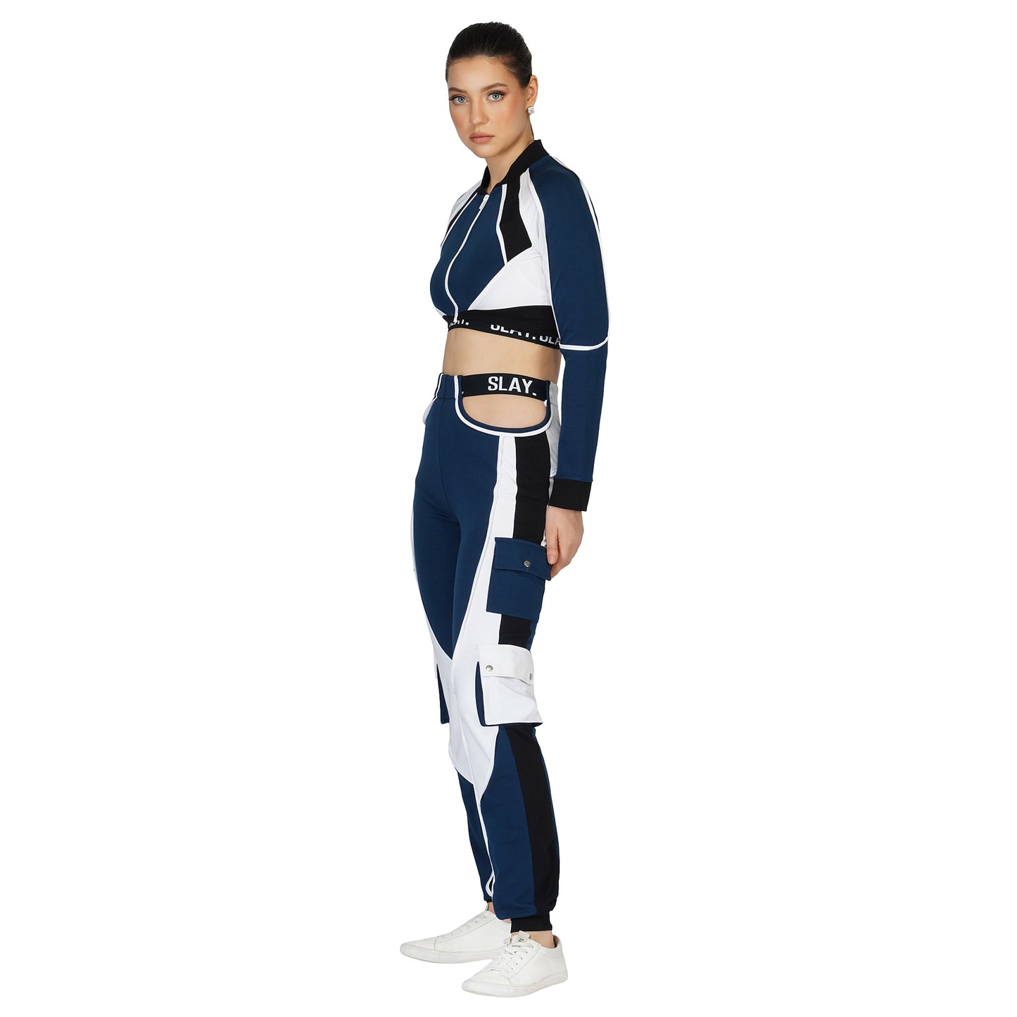 SLAY. Women's Activewear Tracksuit Blue Colorblock Crop Jacket &  High Waist Cargo Pants Co-ord Set Streetwear
