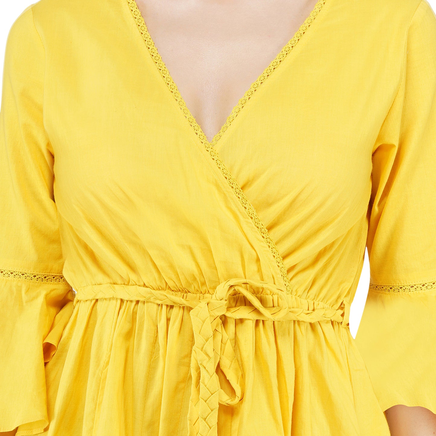 SLAY. Women's Sunflower Yellow V Neck Bell Sleeve Mini Dress with Waist Belt-clothing-to-slay.myshopify.com-Dress