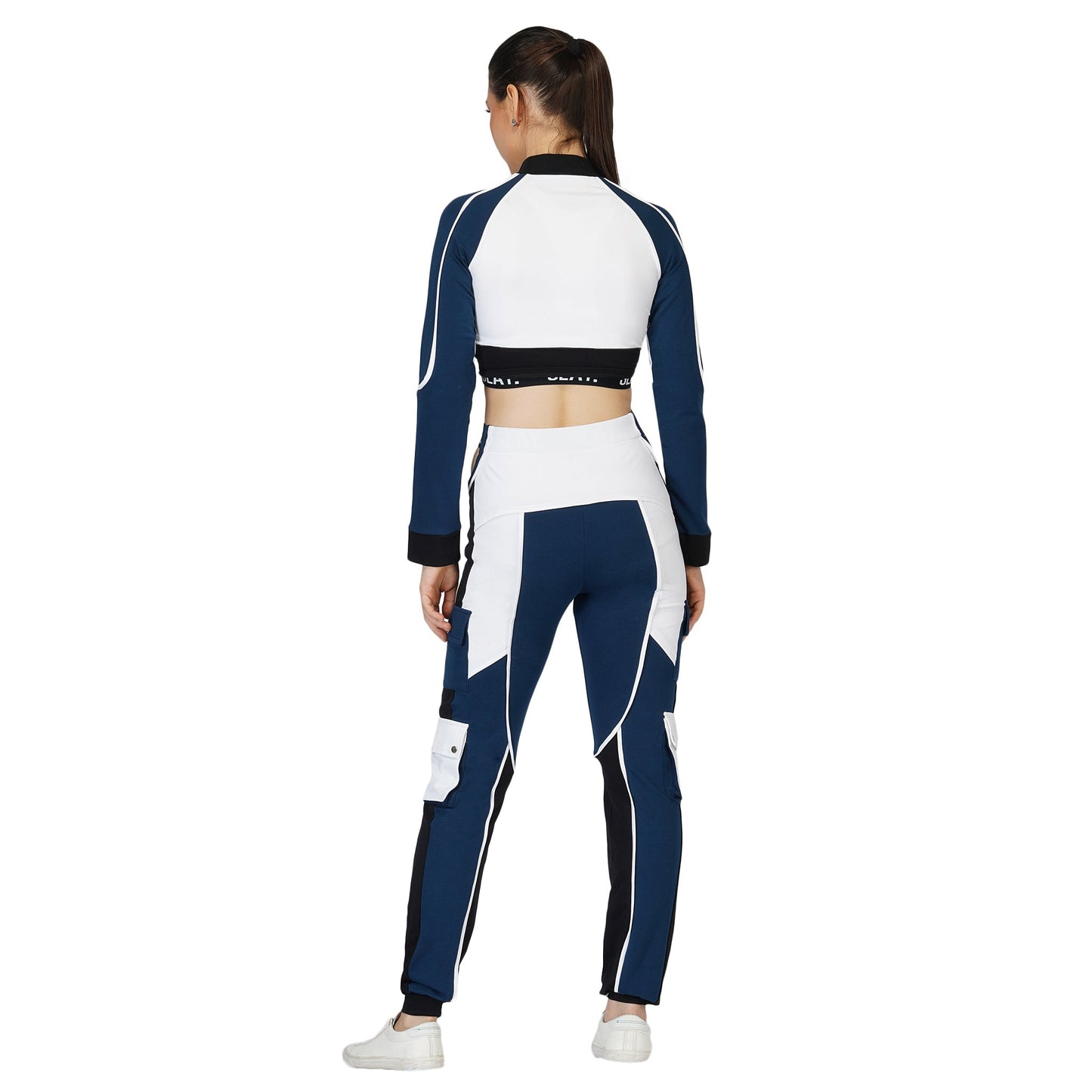 SLAY. Women's Activewear Navy Blue Black White Colorblock Crop Jacket