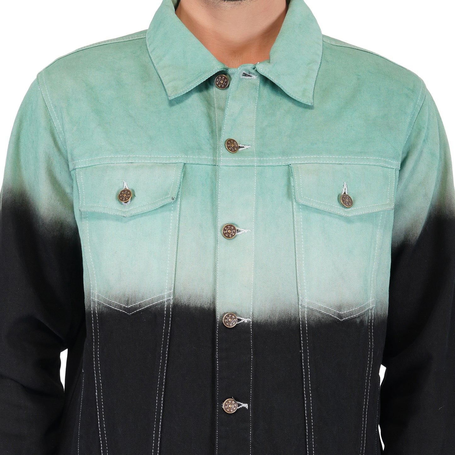 SLAY. Men's Green & Black Ombre Effect Button-Down Ripped Denim Jacket