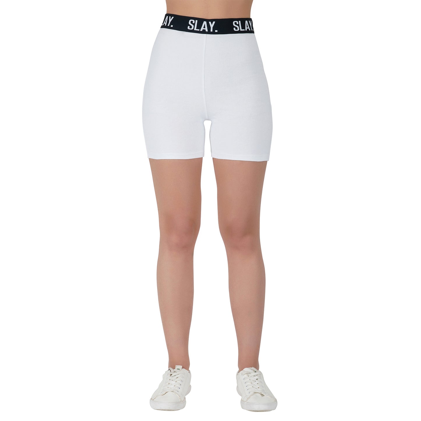 SLAY. Women's White Activewear Sports Bra & High Waist Shorts Co-ord Set