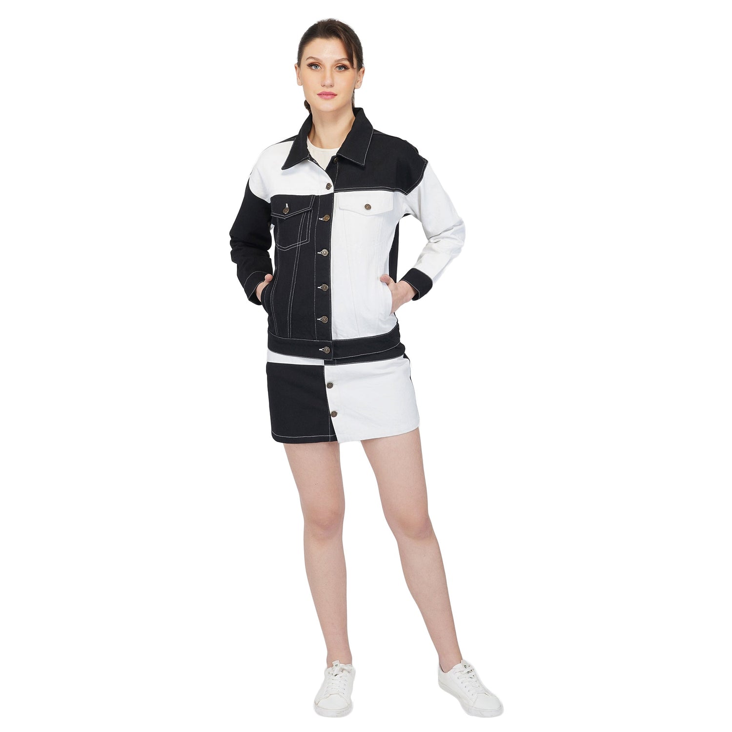 SLAY. Women's Black & White Colorblock Denim Jacket & Skirt Coord Set-clothing-to-slay.myshopify.com-Outerwear
