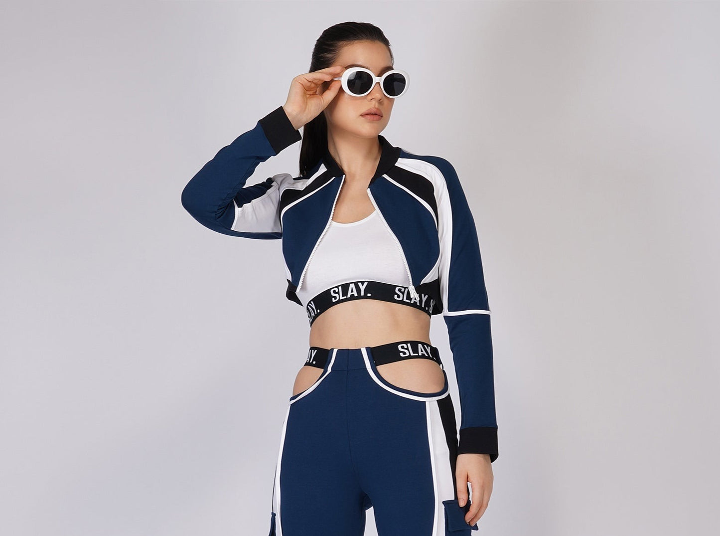 SLAY. Women's Activewear Navy Blue Black White Colorblock Crop Jacket