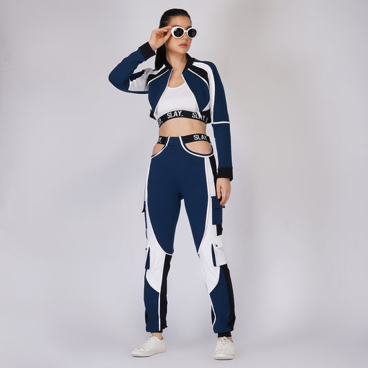 SLAY. Women's Activewear Tracksuit Blue Colorblock Crop Jacket &  High Waist Cargo Pants Co-ord Set Streetwear