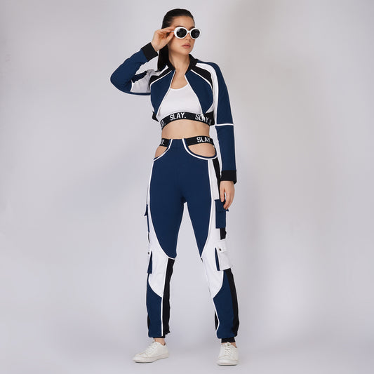 SLAY. Women's Activewear Tracksuit Blue Colorblock Crop Jacket &  High Waist Cargo Pants Co-ord Set(3 piece)
