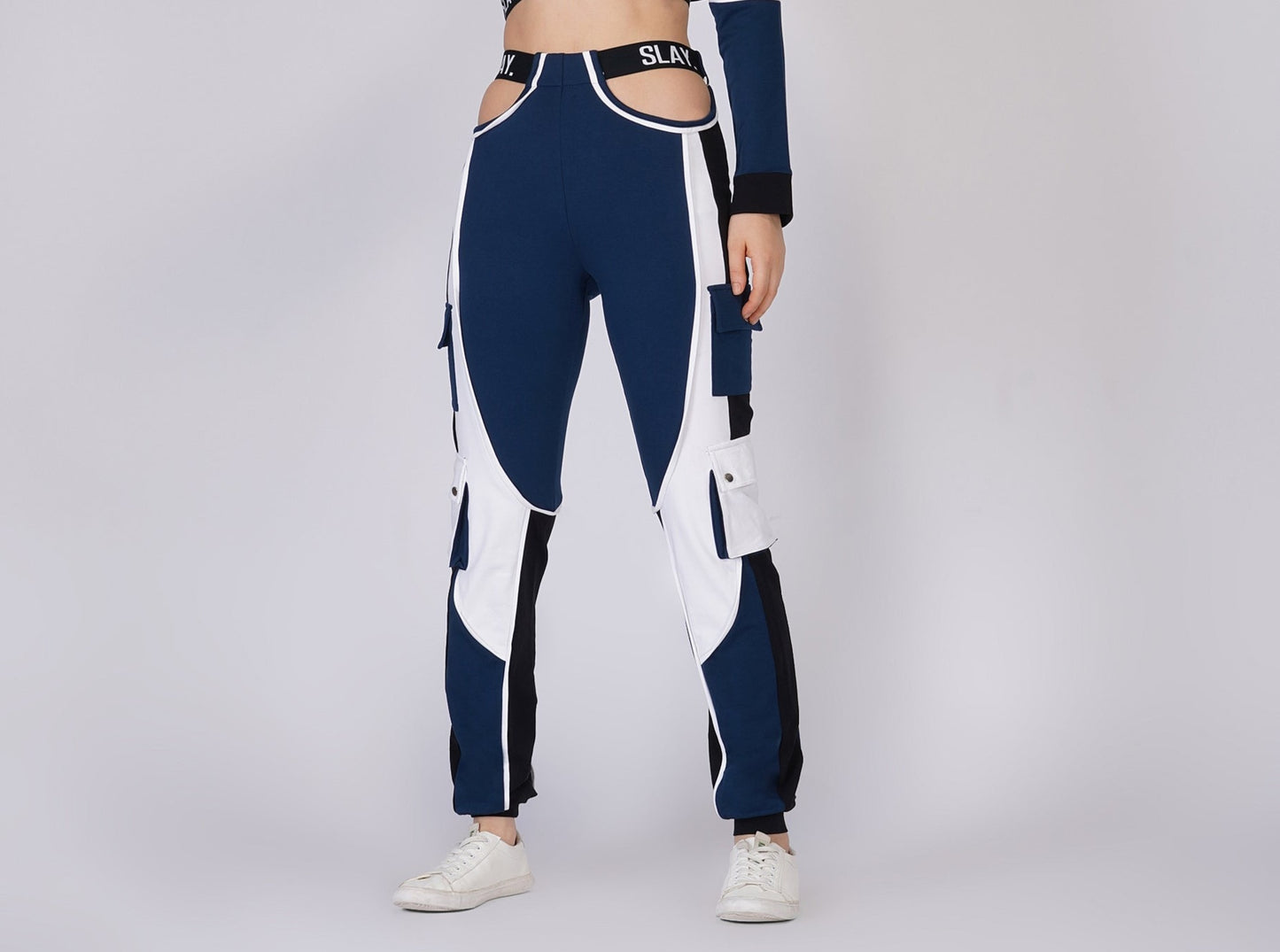 SLAY. Women's Navy Blue Activewear High Waist Blue Colorblock Cargo Jogger Pants