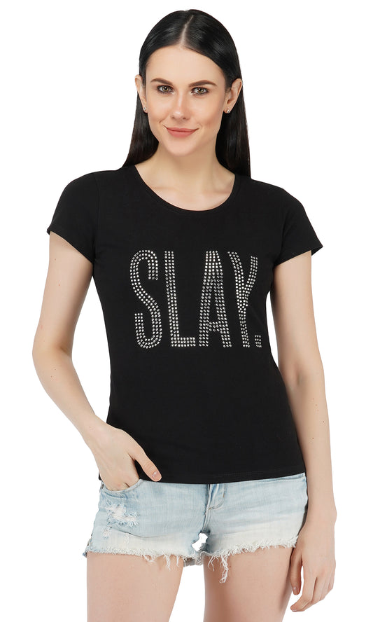 SLAY. Women's Silver Crystal Embellished SlimFit Black T-shirt-clothing-to-slay.myshopify.com-T-shirt