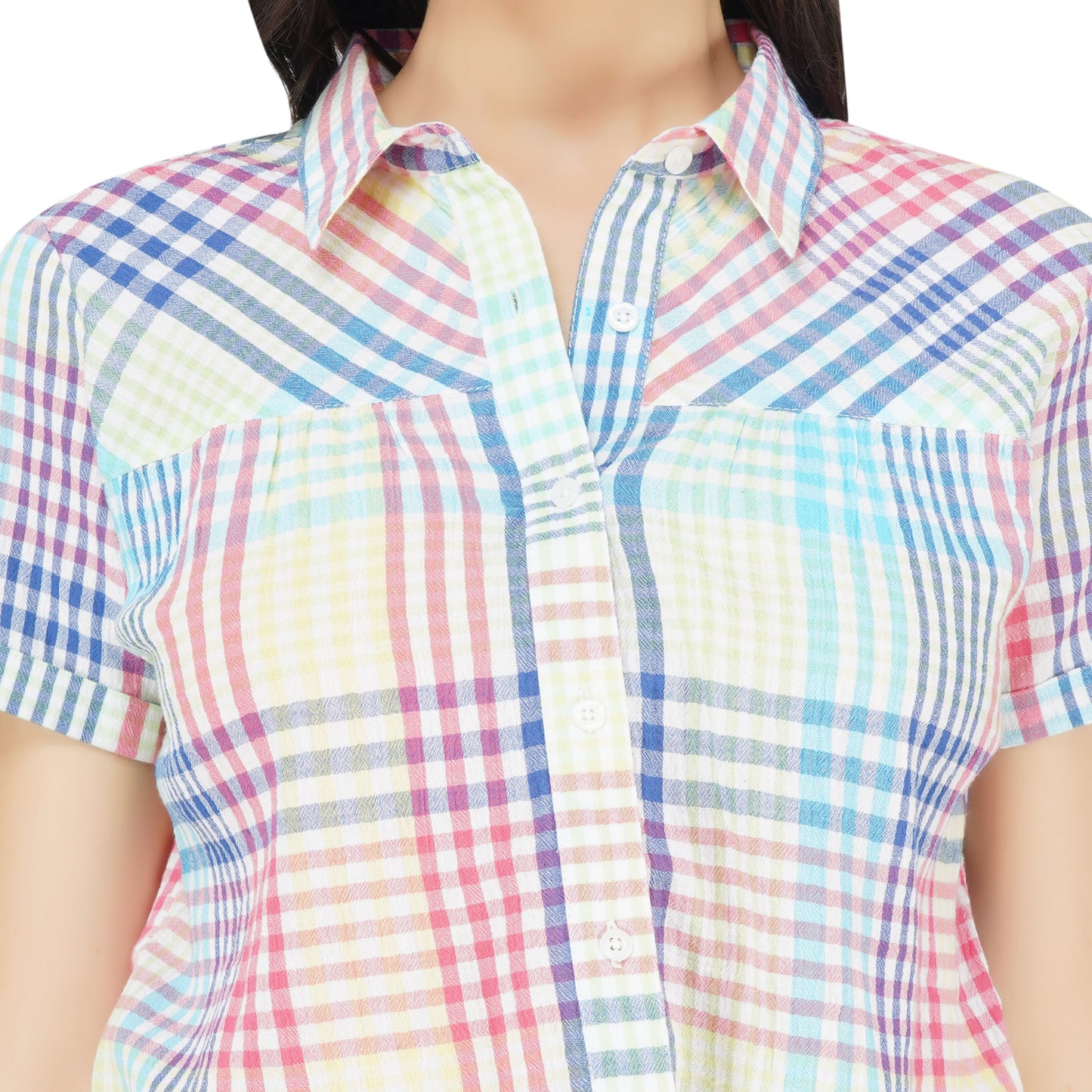 SLAY. Women's Yarn Dye Check Stripes Multi Colour Front Tie Knot Shirt-clothing-to-slay.myshopify.com-Shirt