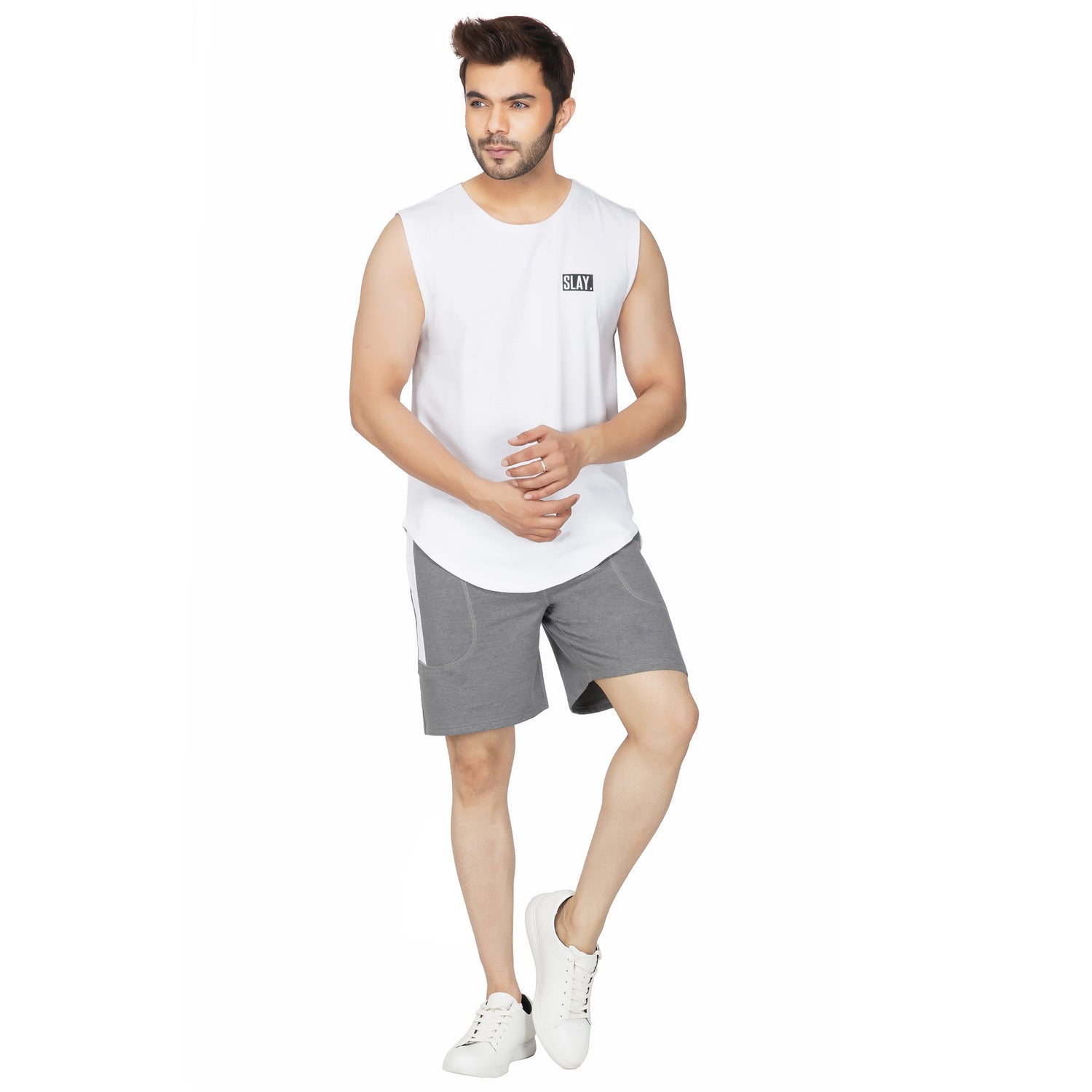 SLAY. Men's Light Grey Shorts with White Stripes-clothing-to-slay.myshopify.com-Men's Shorts