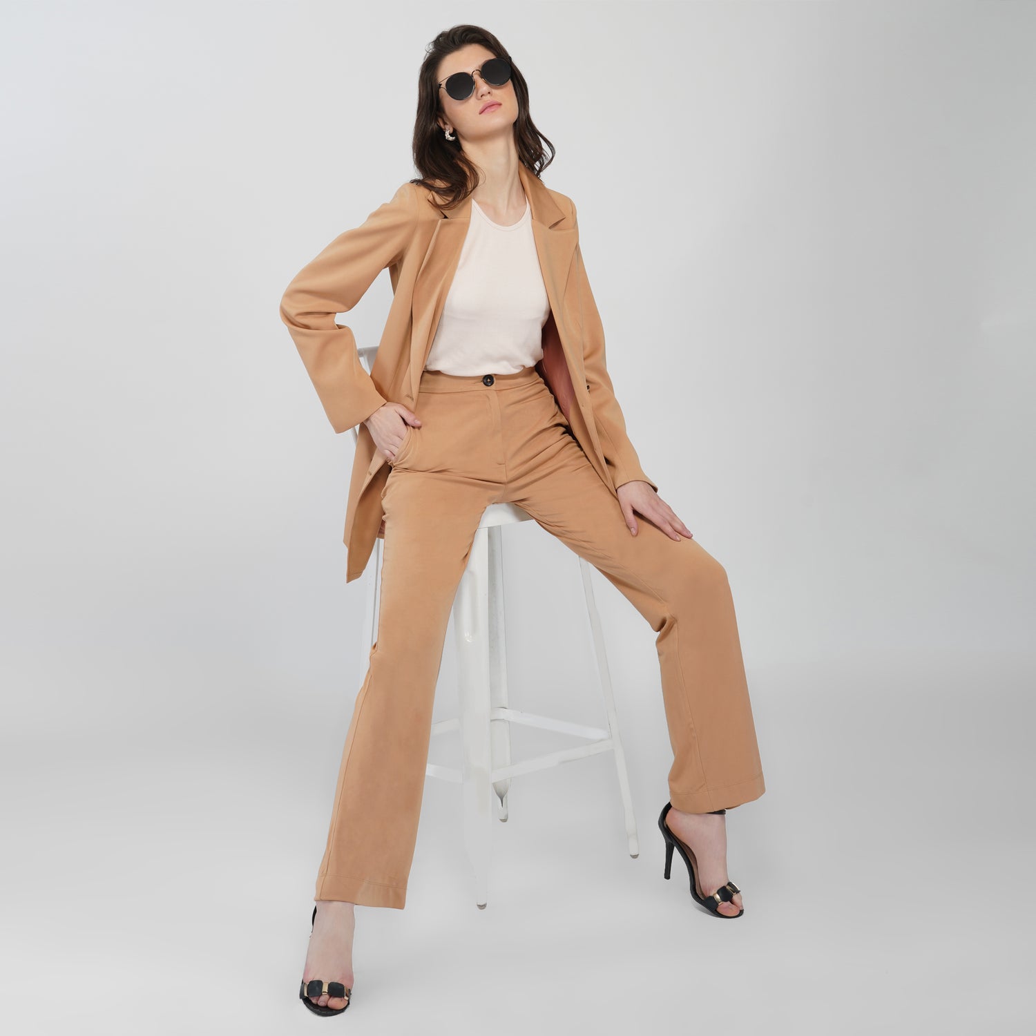 SLAY. Women's Beige Tuxedo Blazer Pant Coord Set-clothing-to-slay.myshopify.com-Blazer Pant Coord Set