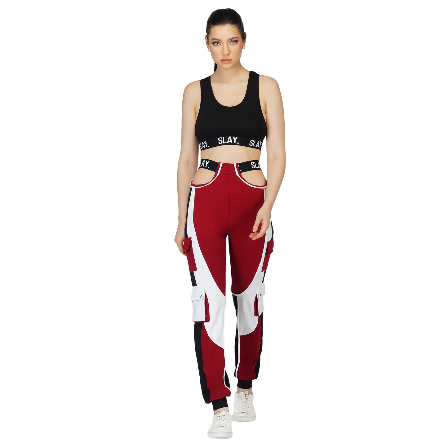 SLAY. Women's Activewear Tracksuit Red Colorblock Crop Jacket & High waist Cargo Pants Co-ord set